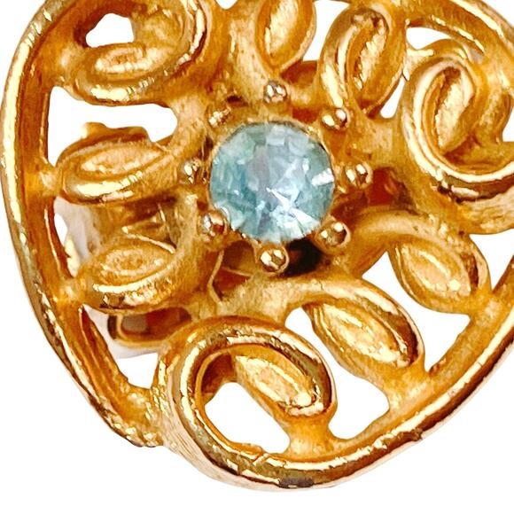 Vintage Mid Century Gold Tone Clip On Earrings Blue Rhinestone 1950s 1960s - Picture 5 of 10